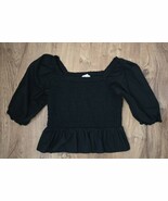 LOFT Womens Small Black Smocked Peplum Puff Sleeve Square Neck Blouse - €13,58 EUR