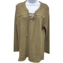 L Love Olive Lace-Up Waffle Knit Top Long Sleeve Boho Cottagecore L - $26.59