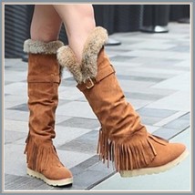 Tall Wilderness Trail Rabbit Fur Fringed Camel Tan Suede Moccasin Snow Boots