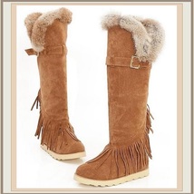 Tall Wilderness Trail Rabbit Fur Fringed Camel Tan Suede Moccasin Snow Boots image 2