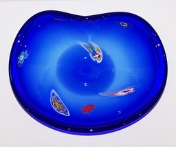 Lavorazione Arte Murano Italy Art Glass Cobalt Blue Millefiori 10&quot; Freeform Bowl - £68.93 GBP