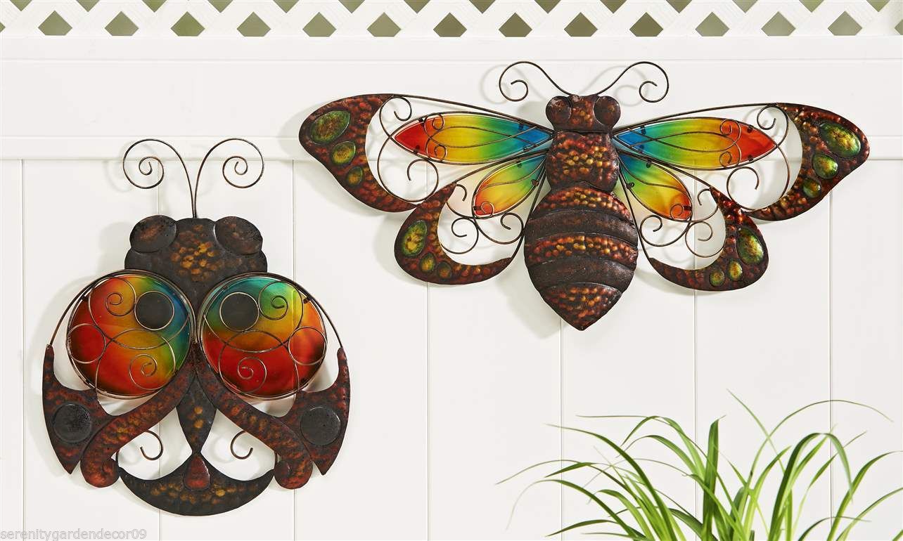 Ladybug & Bumblebee Bee Wall Plaques Set of 2 Glass & Iron Indoor Outdoor Garden - $98.99