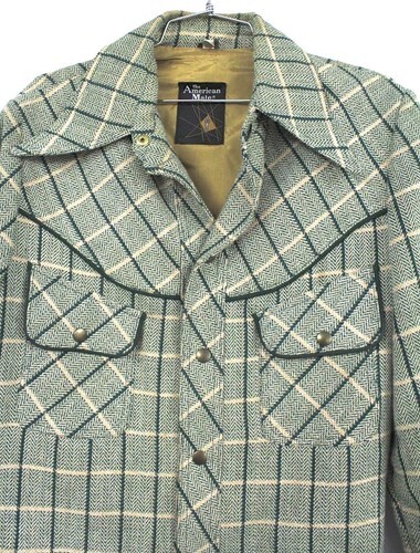 VTG 70s American Male Wool Herringbone Plaid Jacket Green Brass Snap 44R Lined Item image 3