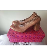 Tory Burch Jolie 75mm Pump in Royal Tan Leather Gold Logo Hardware, Sz 1... - $148.49