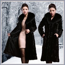 Long Dark Sable Mink Faux Fur Top Coat with Large Collar and Side Pockets 