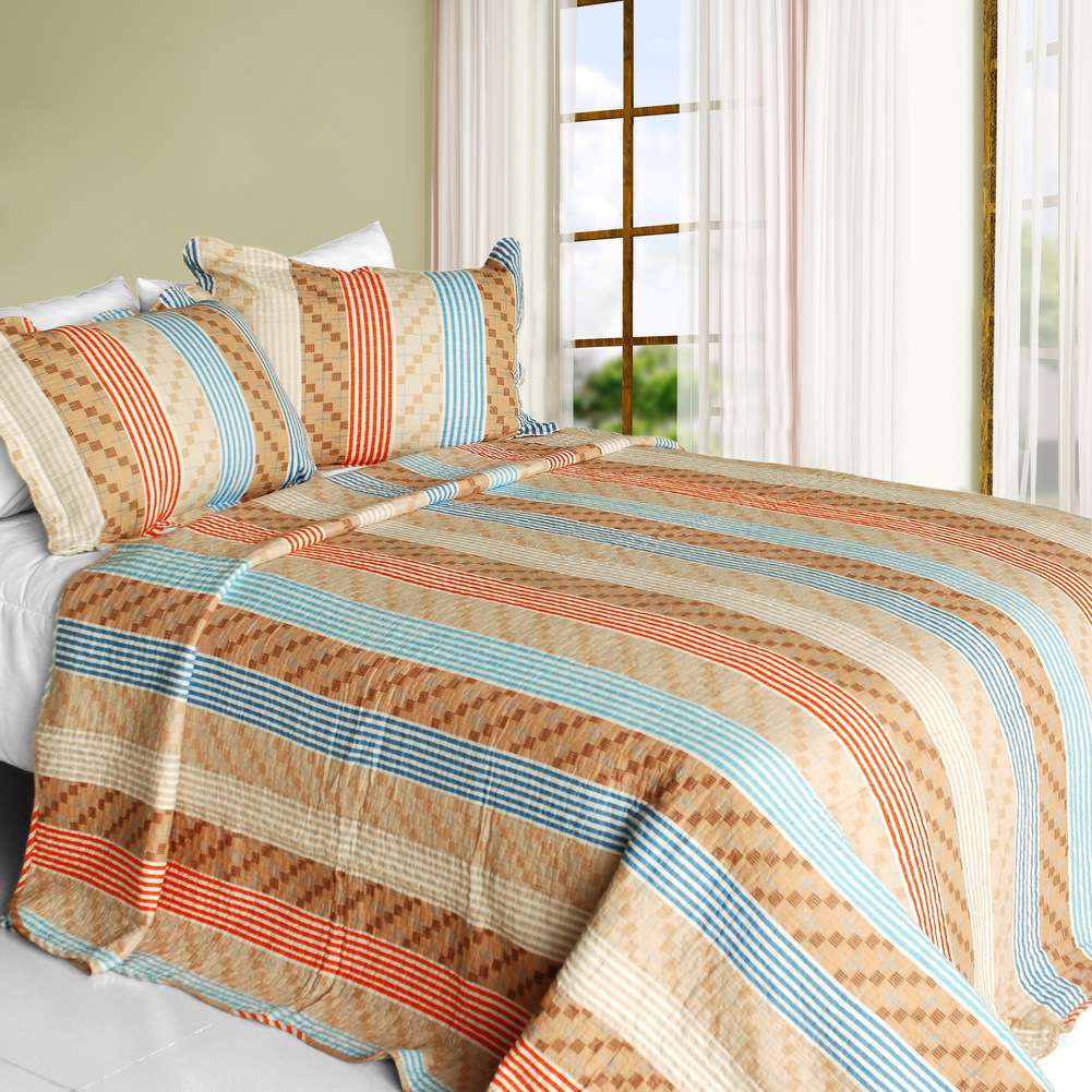 [Million Miles] Cotton 3PC Vermicelli-Quilted Striped Printed Quilt Set (Full/Qu