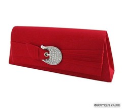 Red Satin Buckle Shoulder Clutch Rhinestone Buckle Evening Purse NEW - £21.70 GBP