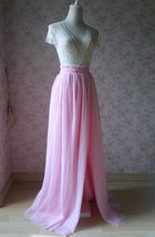 Pink Maxi High Split Tulle Skirt Pink Polka Dot One Side Split Tulle Tutu Skirt  image 5