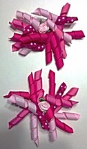 Shades of Pink Set of Two Corker Hair Ribbons on 2&quot; Clip with Rose Bud C... - £5.89 GBP