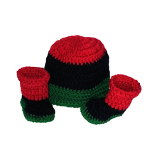 Red Black Green Hat and Booties set - £19.95 GBP