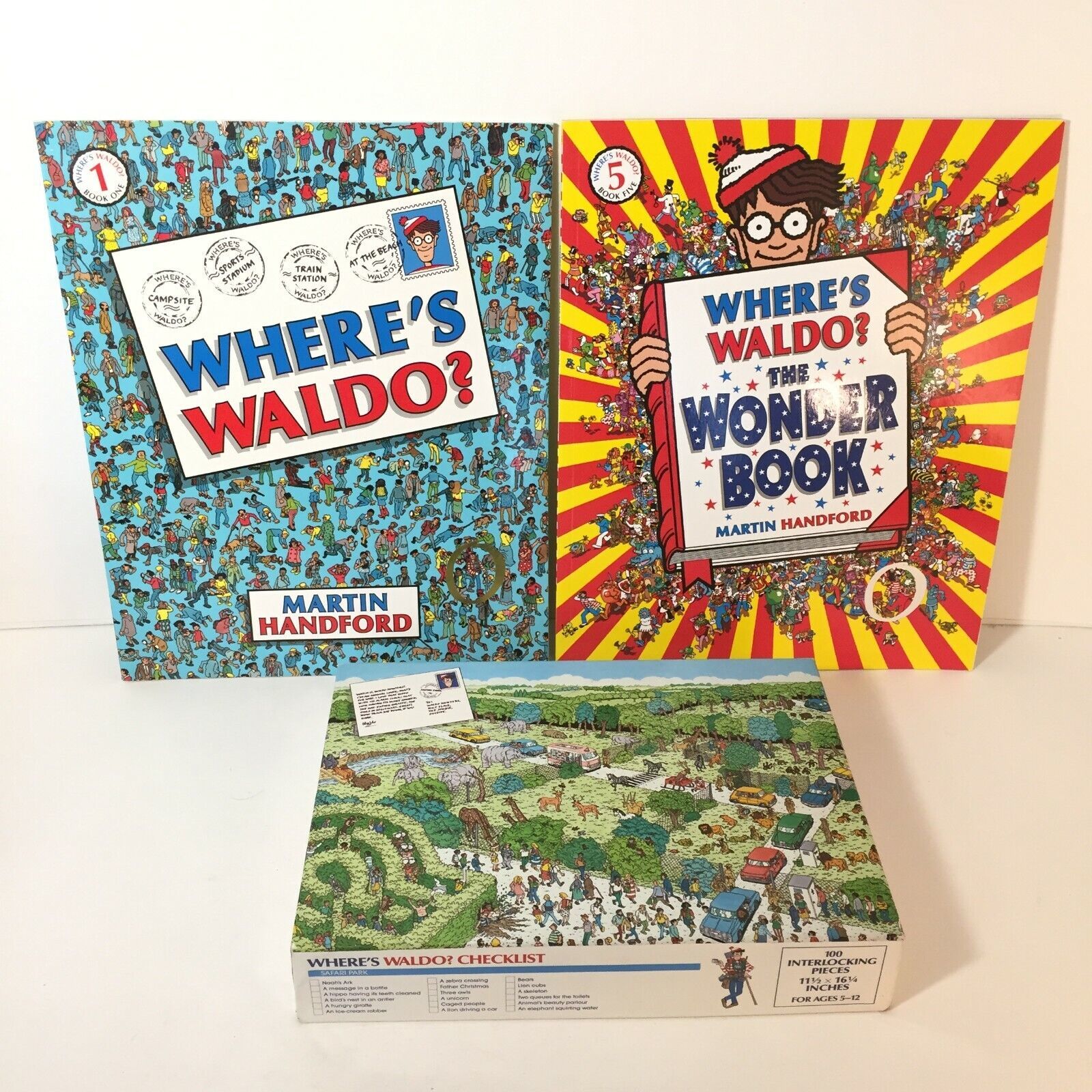 Primary image for Lot of 2 Where's Waldo Search Books and 100 piece Jigsaw Puzzle Safari Park 1989