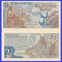 Indonesia P79, 2 1/2 Rupiah, woman picking cotton / corn plants 1961, UNC - £1.15 GBP