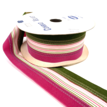 Vintage Velvet Wired Ribbon Pink Green Striped 2.5&quot; Bolt 25 Yards Preppy... - £30.37 GBP