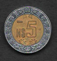 MEXICO  1993 Fine Bi-Metallic  Smooth  Round Coin 5 New Pesos  KM # 552 - £1.19 GBP