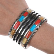 6.5&quot; Vintage Zuni Sterling - Turquoise, coral, and shell channel inlay cuff brac - £589.56 GBP