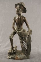 Vintage Asian Art Mid Century Chinese Wood Carving FISHERMAN Casting Net... - $92.84