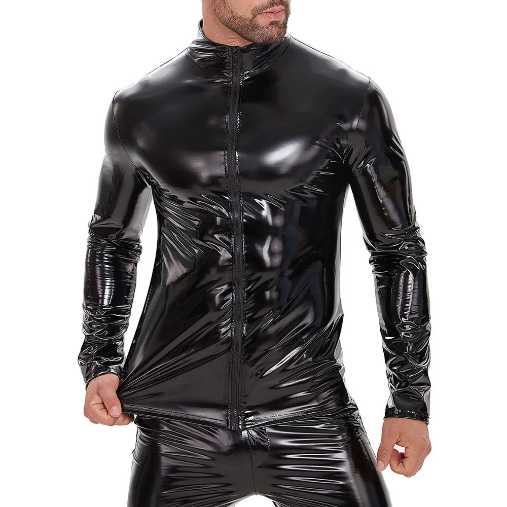 Men Leather Slim Pvc Lacquered Jacket Autumn Fashion Nightclub Jacket - $996.29 MXN
