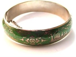 Vintage Siam Sterling Dark Forest Green Niello Dancer Bangle Bracelet - £50.43 GBP