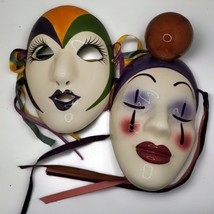 Vintage Mardi Gras Masks Porcelain Painted Signed Wall Art Masquerade Clown Mime - £47.90 GBP