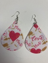 Heart Love pink Teardrop Faux Leather Hand made Earrings Double Sided sparkly - $4.94