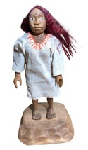 Primitive Hand Carved Wooden Ethnic Tribal Woman Red Hair White Dress - $100.00