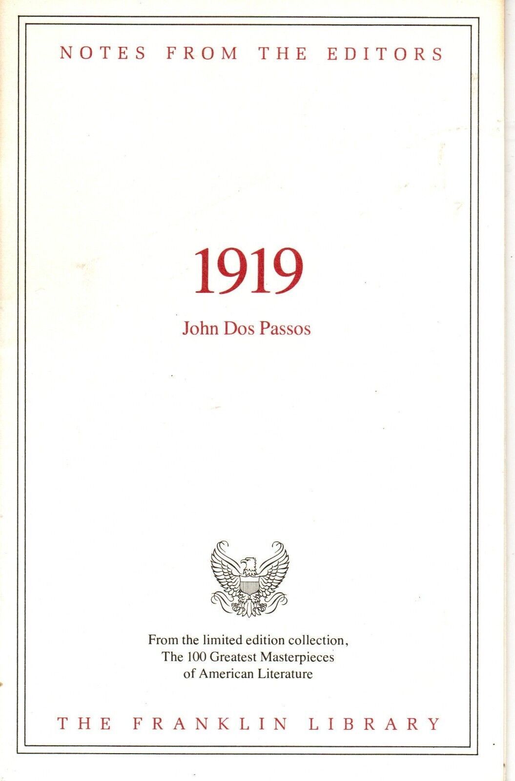 Franklin Library Notes from the Editors 1919 by John Dos Passos - $7.69