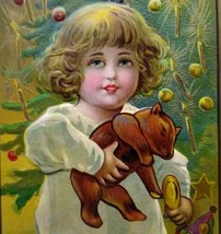 Christmas Postcard Juvenile Series Child &amp; Jointed Brown Teddy Bear  - $29.93