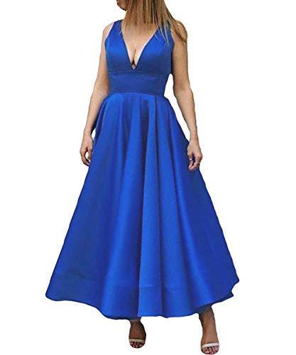 Kivary V Neck Ankle Length Backless Formal Prom Evening Dresses Light Royal Blue
