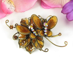 BUTTERFLY BROOCH Vintage Pin AB Rhinestones Brown Golden Glitter Enamel ... - £19.54 GBP