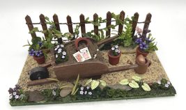 Miniature GARDEN SCENE with WHEEL BARREL, FENCE line, WATER Can and FLOWERS - £23.17 GBP