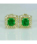 14K Yellow Gold Plated Silve2.00 Ct Simulated Emerald &amp; Diamond Stud Ear... - £57.82 GBP
