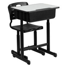 Student Desk &amp; Chair Adjust. Hgt. Black Pedestal Frame 2 Book Bag Backpack hooks - £160.25 GBP