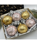 Set of pink and gold Christmas glass balls,hand painted ornament with gi... - £42.03 GBP