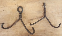 Lot Antique 2 Wrought Iron Hooks Hand Forged Meat Trammel Beam Twisted Double #1 - £54.73 GBP