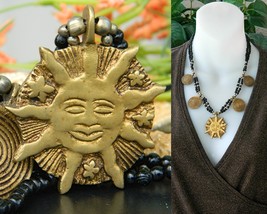 Vintage Brass Happy Sun Face Stars Beaded Black Necklace Spirals  - $24.95
