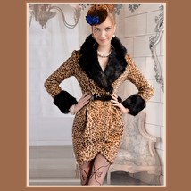 Fashion Wool Leopard Slim Trench Coat Large Collar and Sleeves Trimmed Faux Fur 