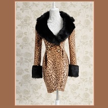 Fashion Wool Leopard Slim Trench Coat Large Collar and Sleeves Trimmed Faux Fur  image 2