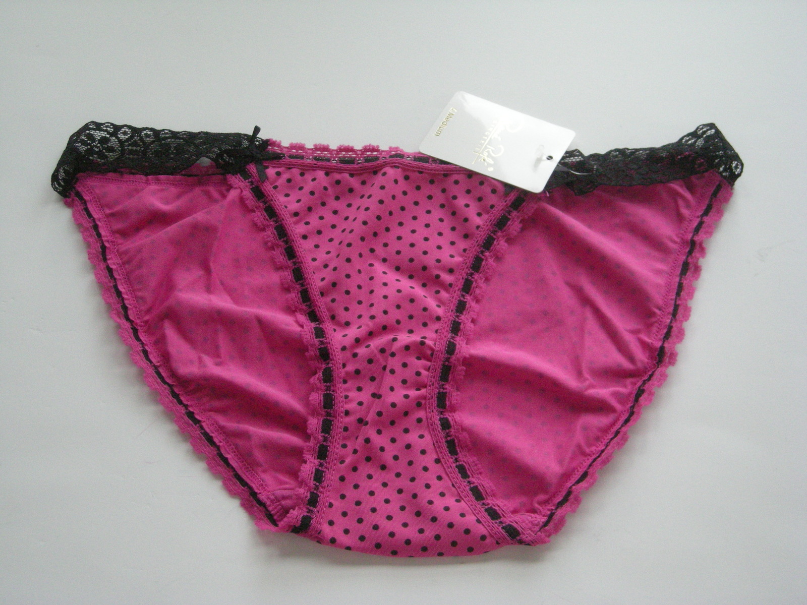 Rene Rofe Silky Hot Pink Bikini with Black Lace Strings and Black Dots Size 6 - $6.99
