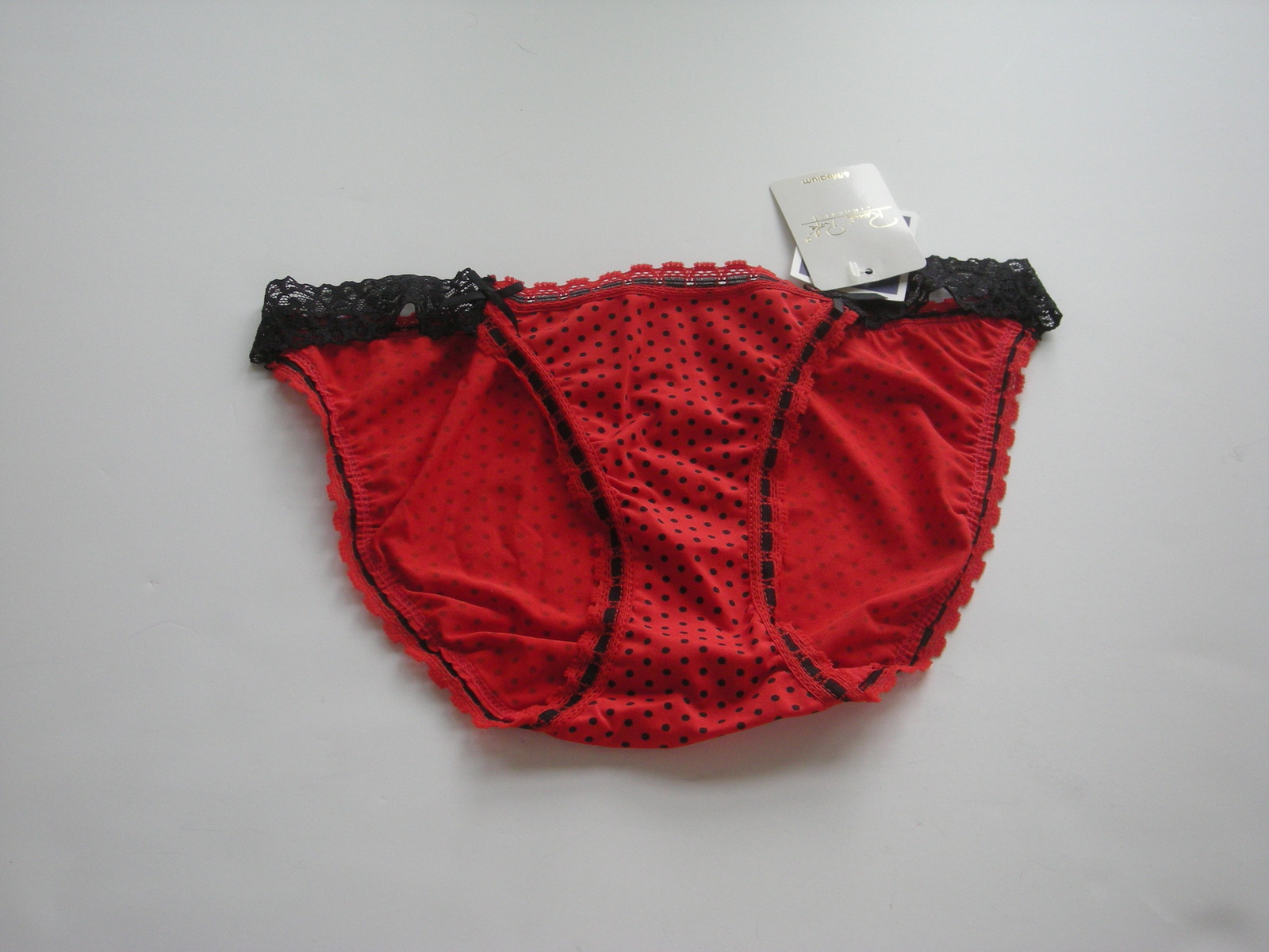 Rene Rofe Silky Red Bikini with Black Lace Strings and Black Dots Size 6 - $6.99
