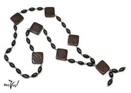 Vintage Wood &amp; Bead Necklace - 28&quot; - Square &amp; Oblong Dark Brown Beads - Hey Viv - £17.68 GBP