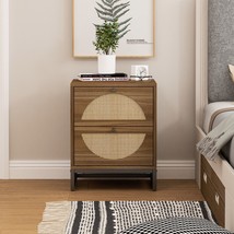 Rattan Nightstand Set of 2, Walnut End Table with 2 Natural Rattan - £127.70 GBP