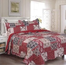 Sonic Patchwork Wine Color Reversible Bedspread Quilted Set 3 Pcs King Size - £39.89 GBP
