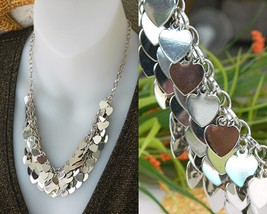 Vintage Multiple Hearts Dangling Bib Necklace Layered Silver Chain  - £38.19 GBP