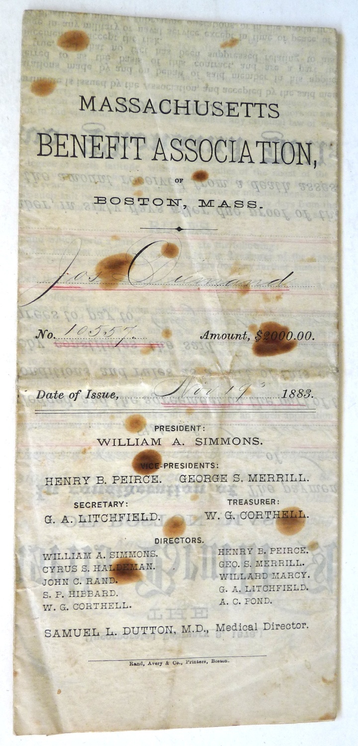 1883 MA Benefit Assoc Boston life insurance policy  Dumand Turners Falls... - $14.00