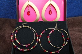 Round and Oval Hoop Earrings (Red) - 2-Pair, Beads, Gold tone - Nickel Free - $19.98