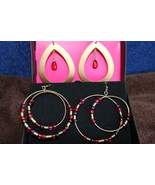 Round and Oval Hoop Earrings (Red) - 2-Pair, Beads, Gold tone - Nickel Free - £15.80 GBP