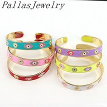 5Pcs Copper Colorful Enamel Eyes Hamsa Hand Cuff Bangles For Women Gold Plated O - £44.88 GBP