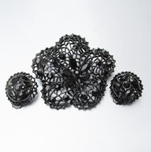 Large Vtg Black Enamel &amp; Rhinestone Flower Brooch Pin Clip Earrings Set - $12.86
