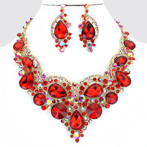 Red Gold Crystal Rhinestone Teardrop Necklace Bib Collar Pendant Earring Set - £70.88 GBP