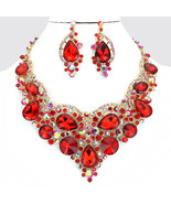 Red Gold Crystal Rhinestone Teardrop Necklace Bib Collar Pendant Earring... - £72.15 GBP